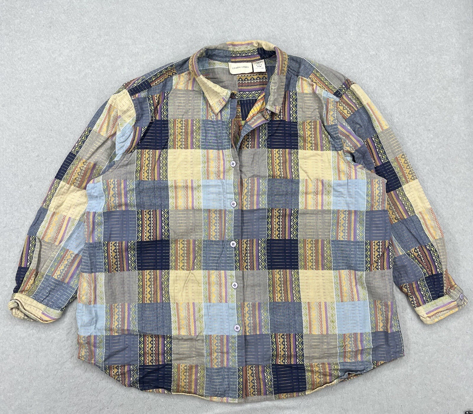 VTG Lemon Grass Blouse Patchwork Button Up 28W Ma… - image 1