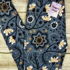 PLUS Floral Leggings Grayish Blue Base Buttery Soft Curvy 10-18 TC