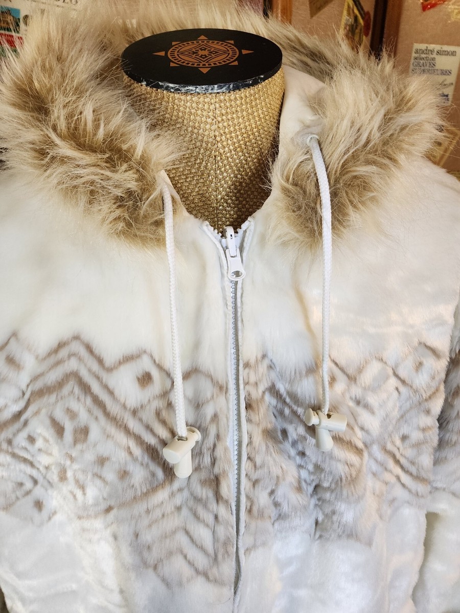 Woman Within Jacket Womens Sz Large White Brown Snowflake Faux Fur