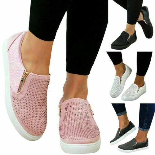Women Ladies Casual Sneakers Flat Slip On Diamante Zip Trainers Pumps Shoes Size - Afbeelding 1 van 18