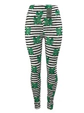 Four Leaf Clover Black White Lines St. Patrick's Day Leggings Yoga Waistband
