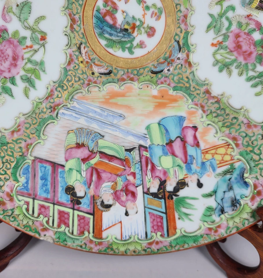 Cargador medallón rosa chino antiguo grande siglo XIX 11 3/4" período Qing Foto 3 de 4