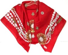 VTG Red Polyester Scarf Bead Pearl Chain Pendant Jewelry Pattern 35" x 35"