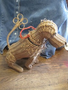 Vintage Wicker Rattan Dog Figural Sculpture Sitting Dog 12' HIGH MCM Decor