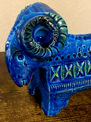 Vintage Mid Century Blue Green Bitossi Ceramic Ram Figurine 4.25 x 7.25