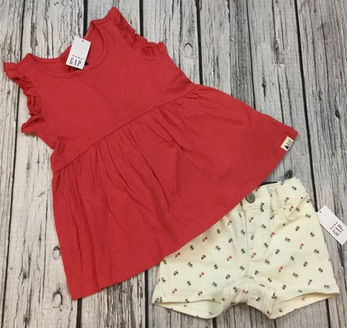 Baby Gap Girls 2T Red Shirt & Floral Flower Denim Shorts Outfit. Nwt