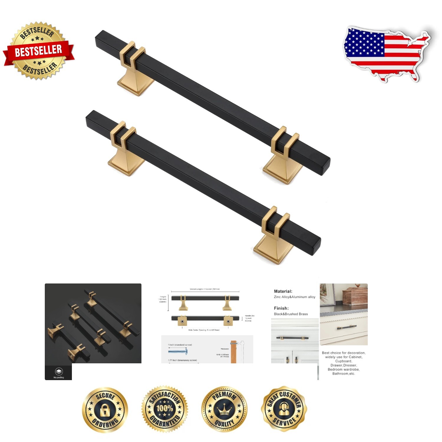 Modern 15-Pack Black Gold Kitchen Drawer Pulls - Easy Install & Elegant Design