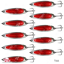 10pcs Fishing 1oz Spoon jig Treble Hook Casting Trolling Fish WOW!® Spoons Red