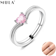 MULA 925 Sterling Silver Sparkling Heart Finger Ring Pink CZ For Women Jewelry