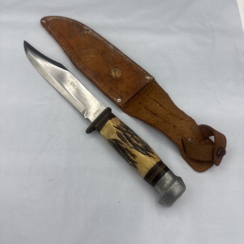 Vintage Bowie Knife w/ Leather Sheath Made In Japan Steel