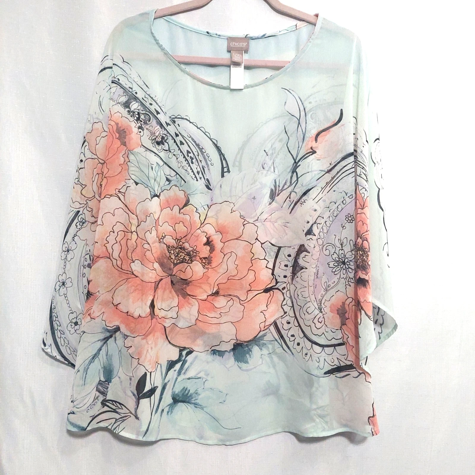 Chico's Womens L/XL Sheer Floral Poncho Round Neck Great for Layering Breathable
Opens in a new wind