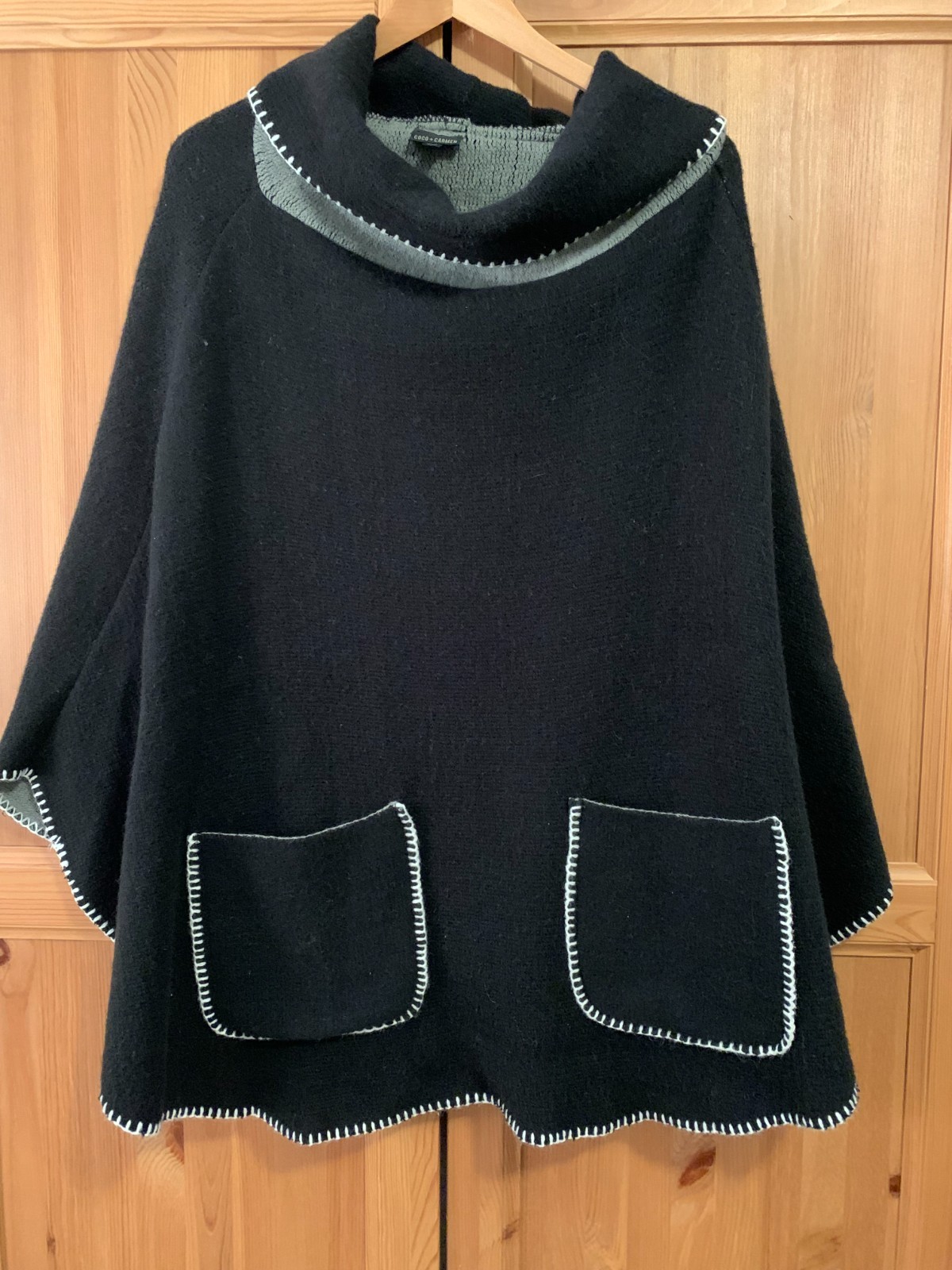 Coco+Carmen Womens Black/Gray Poncho sweater with cowl neck One size