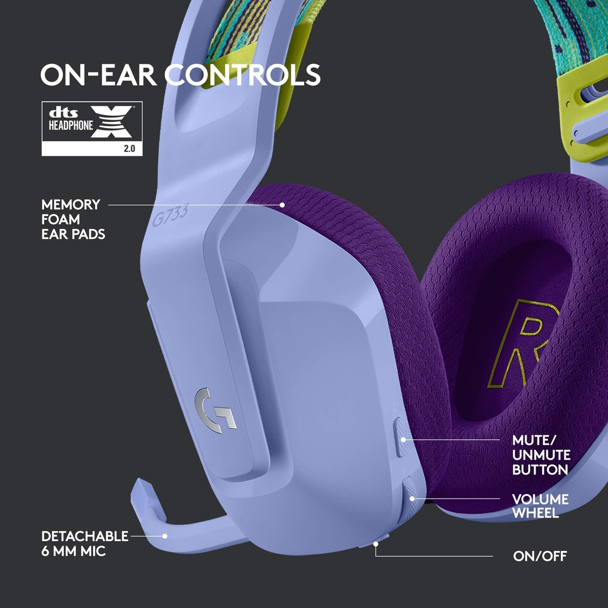 HEADSET PC-G733 LIGHTSPEED Wireless RGB Gaming Headset-LILAC-2.4