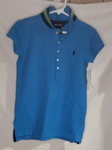 Polo Ralph Lauren Girls Size 8-10 Button Shirt Blue with Stripes Under Collar