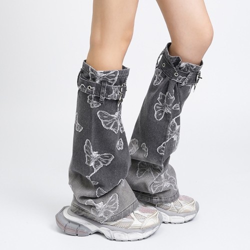 Women Punk Gradients Denims Leg Warmer Buckled Strap Jeans Butterfly Foot Covers - Picture 6 of 8