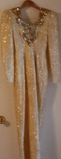 Gold Sequin Beaded Dress V-Neck Long Sleeve Zip Mini Party Formal Size M