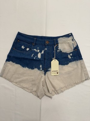 NWT JODIFL Tie Dye Denim Shorts Bleach Wash Raw Hem Women Small