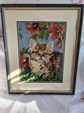 Needlepoint embroidery  Cat kitten completed Picture framed  36.5cm x 44cm 