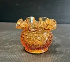 Vintage Fenton Glass Amber Hobnail Ruffled Crimped Edge Vase Rose Bowl