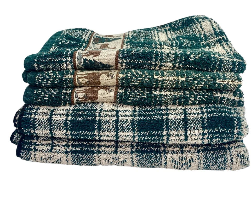 Santens Bath Towel Set Deer Christmas Tree Green Woven Vtg Cabin Lodge Decor - Image 2 of 3