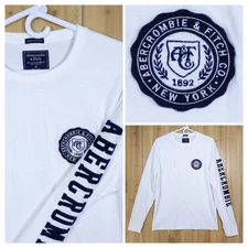 A&F Men's White Long Sleeve T-Shirt M 100% Cotton Logo Patch Sleeve Graphic Tee