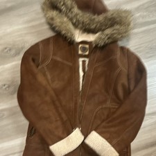 Brown Hooded Faux Fur Trim Lined Mid-Length Jacket for Women Zip Button Closure