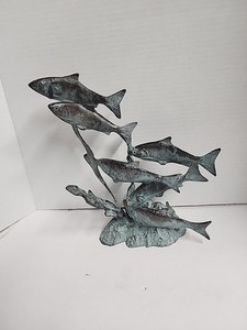 Bronze Statue Salmon swimming through seaweed statue 11" high