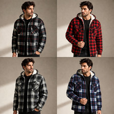 Mens Padded Hooded Sherpa Fur Lined Lumberjack Flannel Work Jacket Warm Thick UK