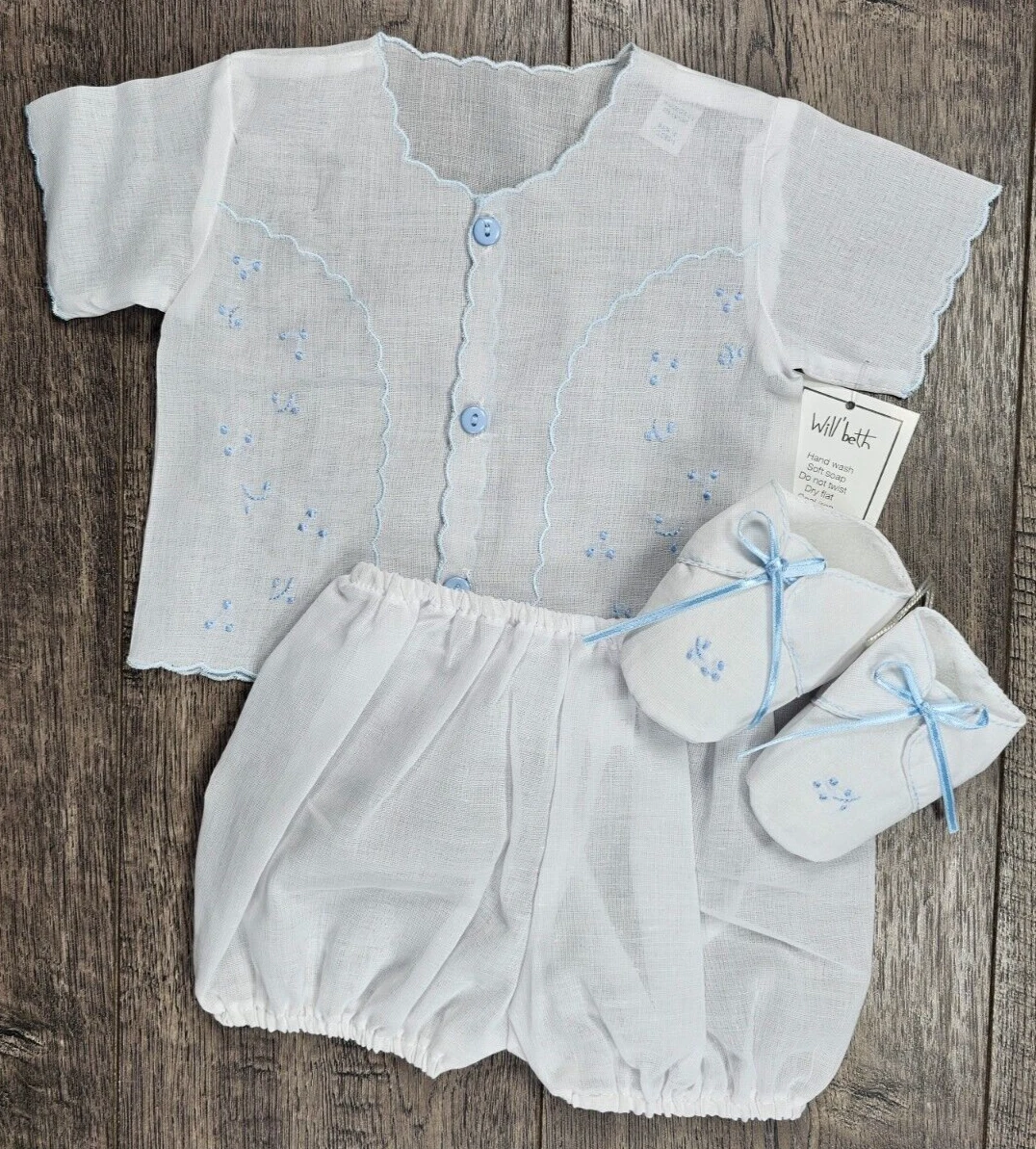 Baby Boy Clothes New Will'Beth 0 Month Newborn 3pc White & Blue Dressy Outfit