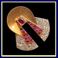 Raymond Templier Art Deco clip brooch gold platinum diamonds rubies Unisex (7516