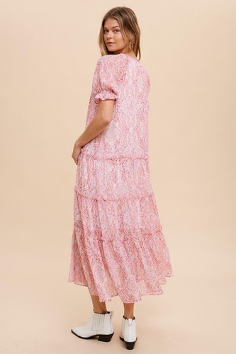 In Loom Women's Paisley Floral Print Short Sleeve Tiered Midi Dress in Pink - Picture 4 of 4