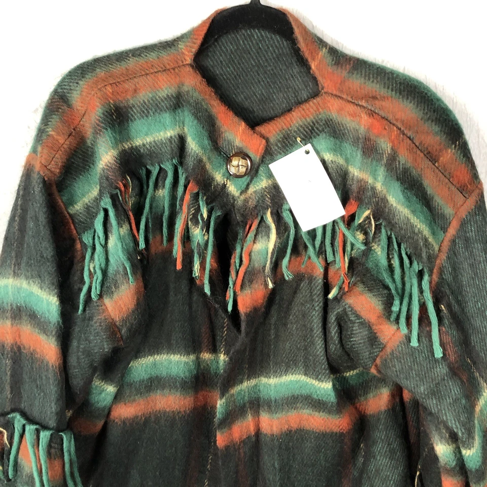 Chaqueta manta para mujer grande verde azul a cuadros flecos indios Southwestern Stadium Foto 2 de 4