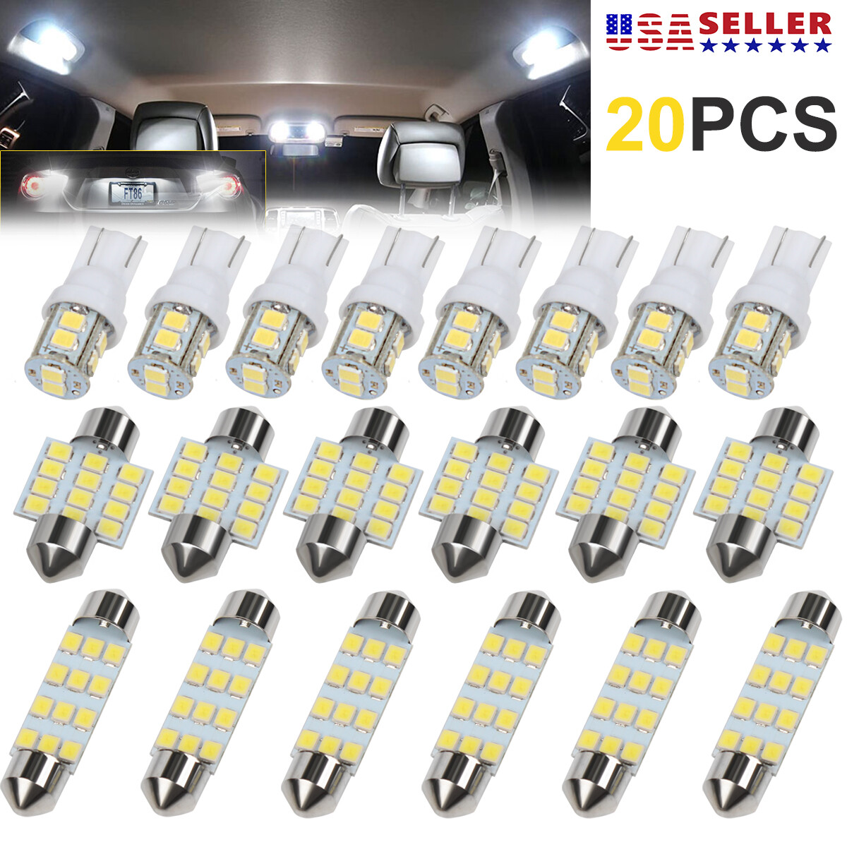 20 Piece LED Bulb Kit Dome Trunk License 20-Piece 6500K LED Interior Light Kit For Cars - Includes Dome, Map, Trunk & License Plate Bulbs Car & Truck License Plate Light Assemblies - Foto 8