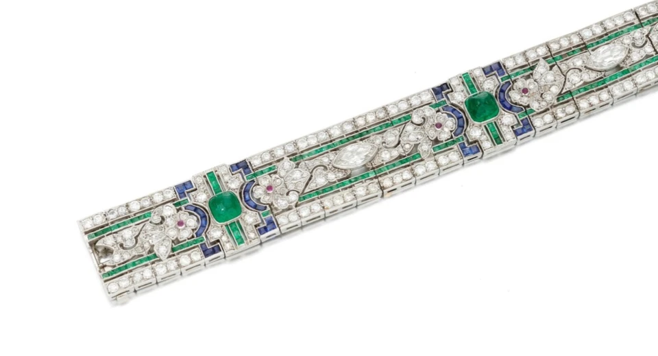 Brazalete de plata de ley 925 con diamantes de esmeralda, rubí, zafiro y circonita cúbica creado en laboratorio Foto 2 de 4