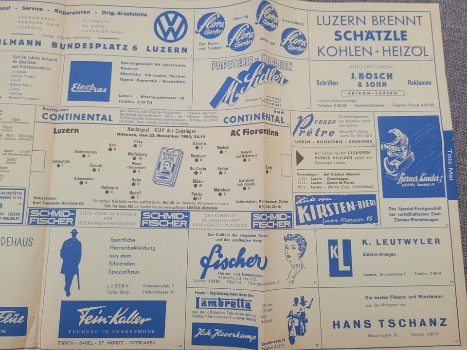 1961 FC LUCERNE V FIORENTINA ECWC EUROPEAN CUP WINNERS CUP QUARTER