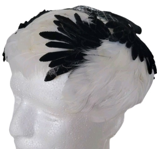 VTG Feather Net Birdcage Hat Veil Cream / Black Velvet Wedding Vail Gothic 1950s
