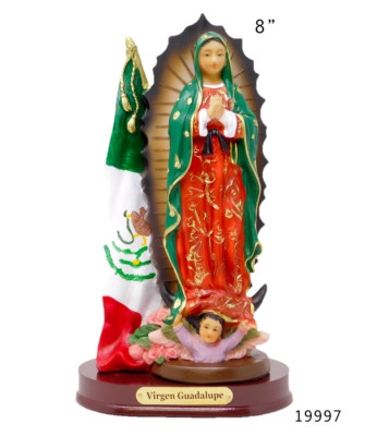 Virgen De  Guadalupe 8'' Con Bandera , Our Lady Of Guadalupe  Resin Statue