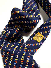 HERMES VINTAGE ARTISTIC PATTERN TIE COLORS SQUARES HIGH END FRANCE BLUE
