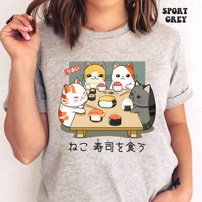 Cat and Sushi Funny T Shirt Gift for Cat Lover Japanese Cat Graphic Shirt S-3XL