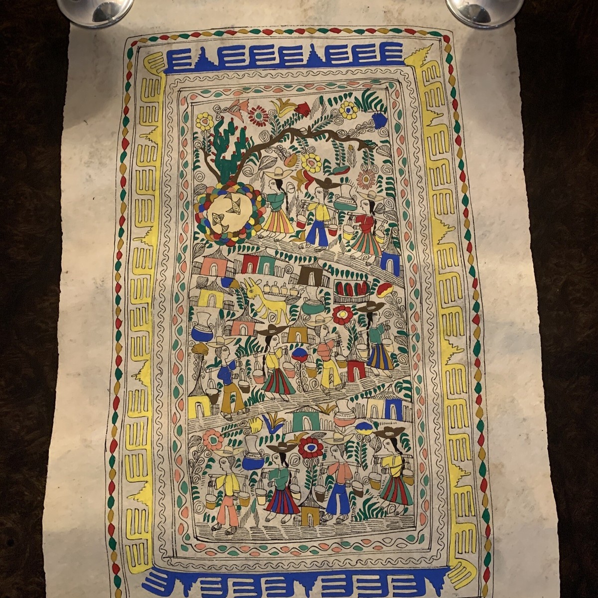 Signed Mexican Folk Art Amate Painting By Plasido Ascencio - 15.5