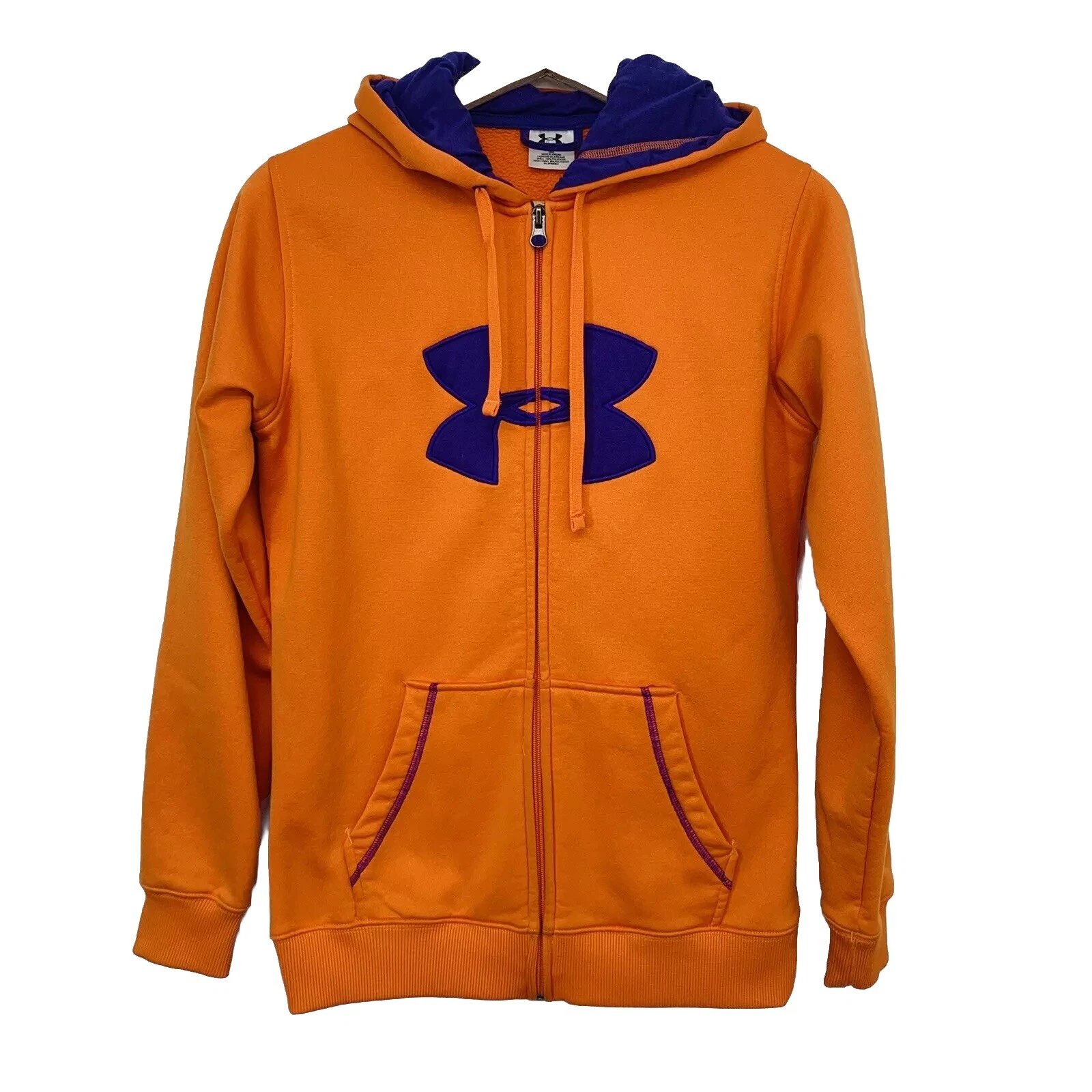 Under Armour Hoodie Sweatshirt Woman Small Full Zip Orange Purple Pockets Logo