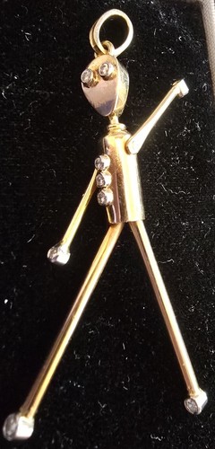 Statuina bastone articolato VINTAGE ORO 18k 9 DIAMANTI (3 bambini sul petto) - Foto 2 di 6