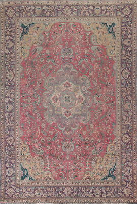 Vintage Muted Pink Handmade Floral Tebriz Handmade Room Size Area Rug 10x13