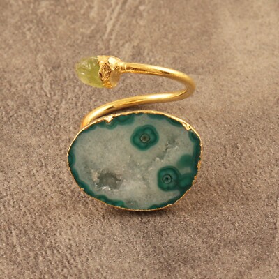 Two Stone Ring Geode Slice Peridot Gold Electroplated Statement Adjustable Ring