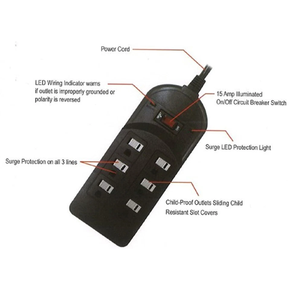 6 Outlet Power Strip Surge Protector 750J AC 120V 15A 4FT Cord RFI & EMI Filter - Image 2 of 3