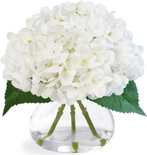 Hydrangea Artificial Flowers in Glass Vase, White Silk Fake Flowers Silk Centerp