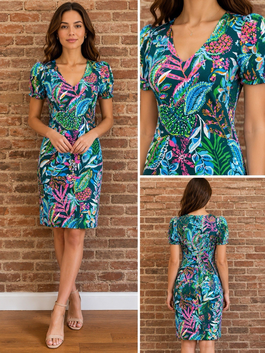 Lilly Pulitzer Aleece Dress Sz XS Multicolor Jungle Tropical V Neck Puff Sleeve
