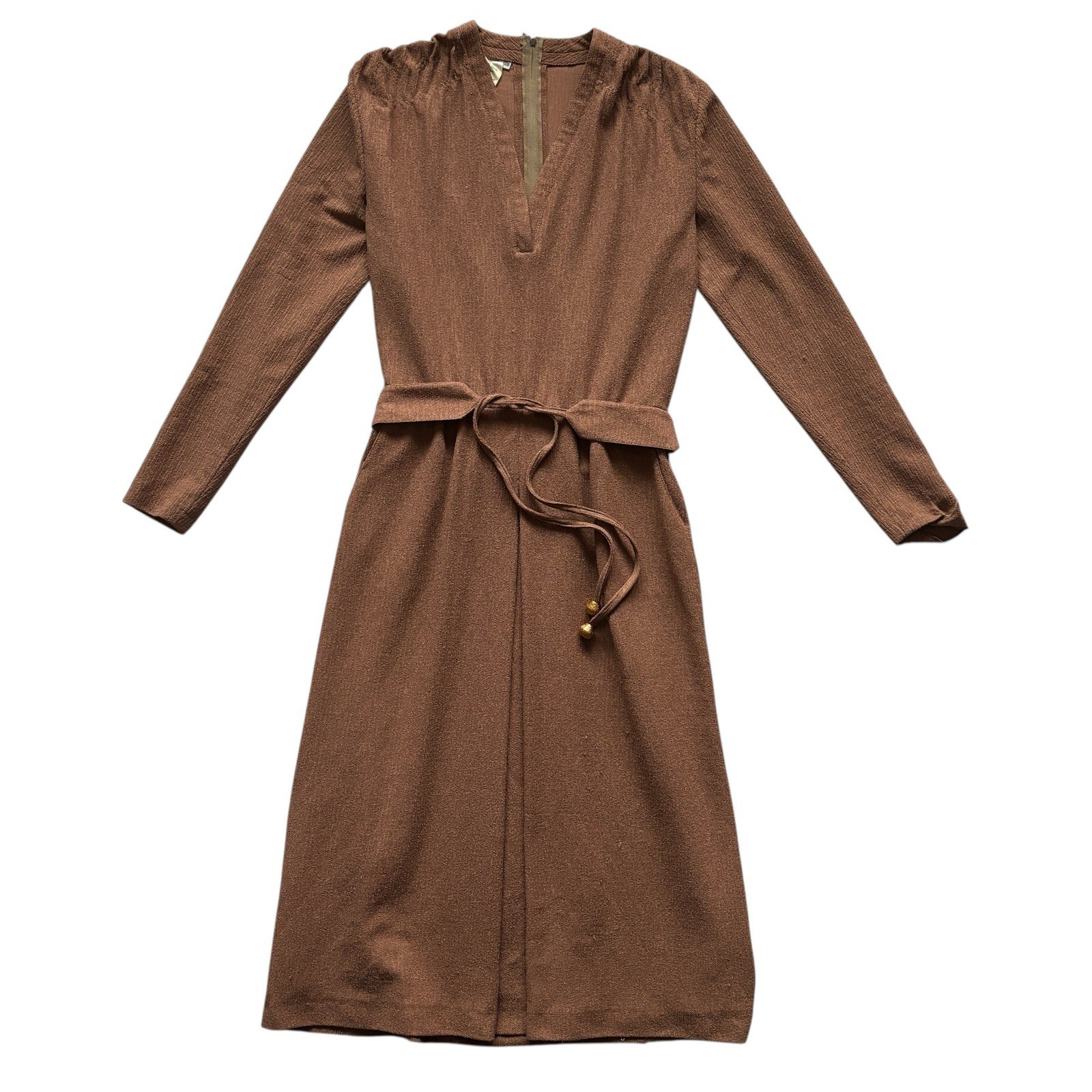 Vintage Dress 70s Pale Brown V Neck Retro Mod 10 image 2
