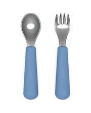 Lalo Toddler Fork Spoon Set Stainless Steel Silicone Ergonomic Safe Flatware Blu
