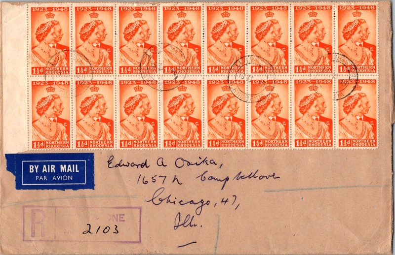1949 Registered Livingston Northern Rhodesia Airmail Cover To Chicago IL USA